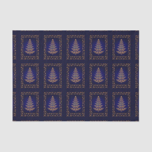 Blue Stylish Christmas Tree And Stars Tissue Paper (Front)