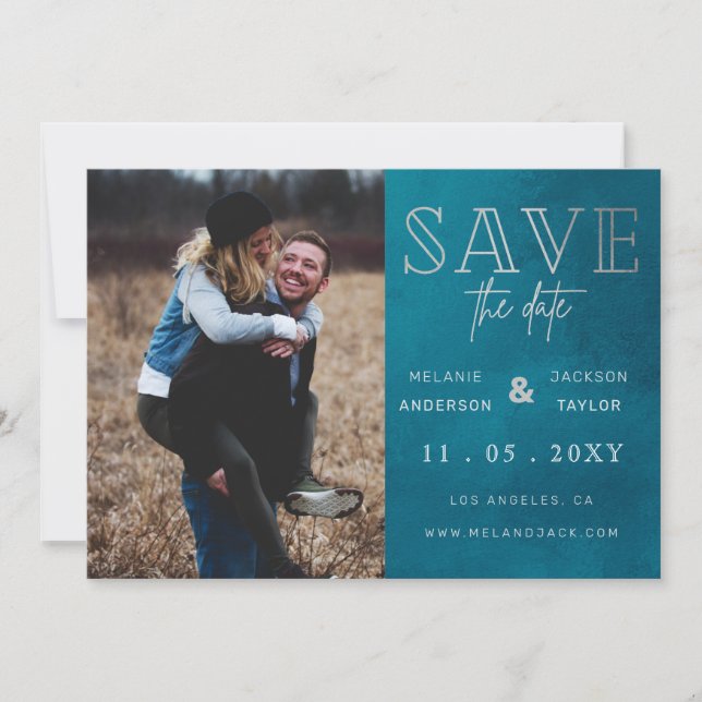 Blue Stylish Handwritten Photo Save the Date (Front)