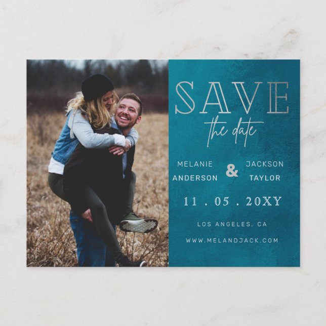 Blue Stylish Handwritten Photo Save the Date Announcement Postcard (Front)