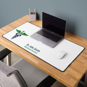 Blue Stylish Medical Caduceus Green Wings Cross Desk Mat