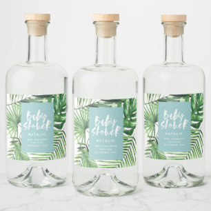Blue stylish tropical foliage modern baby shower liquor bottle label