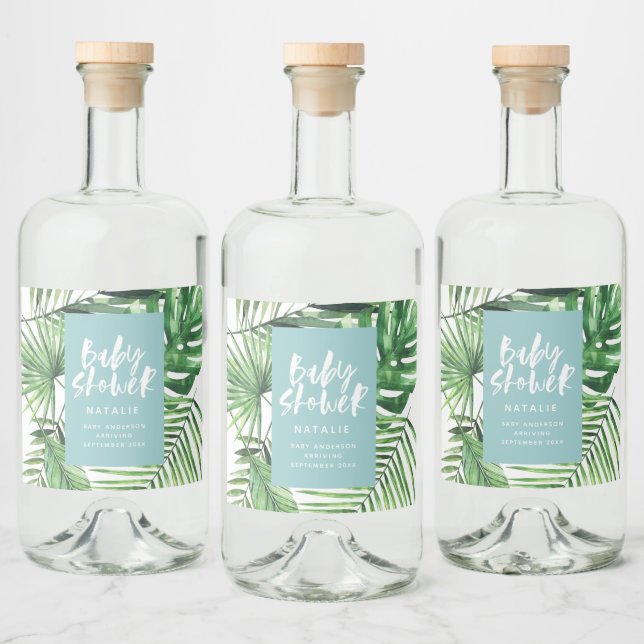 Blue stylish tropical foliage modern baby shower liquor bottle label (Bottles)