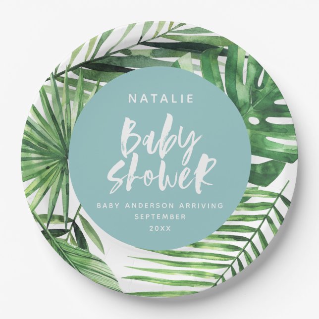Blue stylish tropical foliage modern baby shower paper plate (Front)