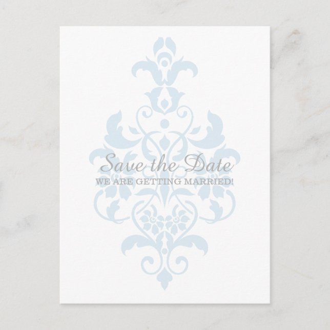 Blue Subtle Damask Save the Date Postcard (Front)
