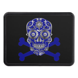 Blue Sugar Skull Day Of The Dead Skull Crossbones Trailer Hitch Cover