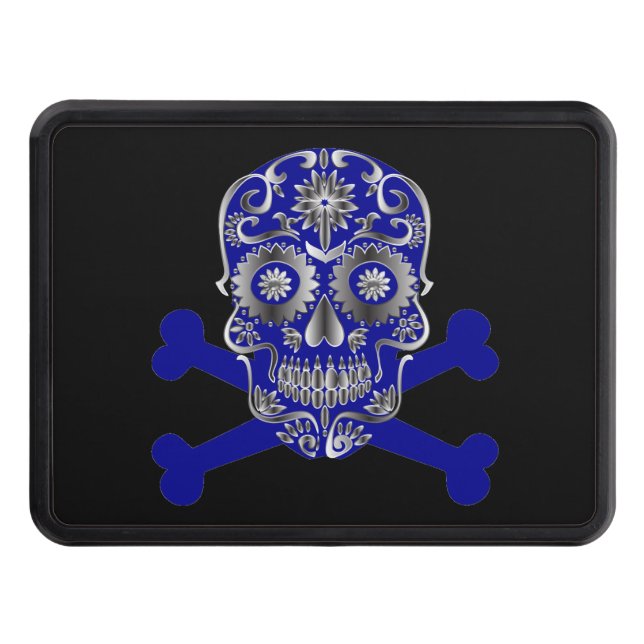 Blue Sugar Skull Day Of The Dead Skull Crossbones Trailer Hitch Cover (Front)