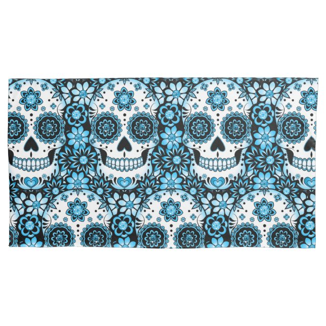 Blue Sugar Skull Pillowcase (Front-Left)