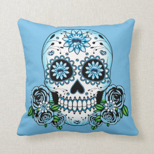 Blue Sugar Skull Throw Pillow