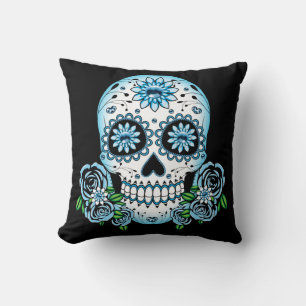 Blue Sugar Skull Throw Pillow