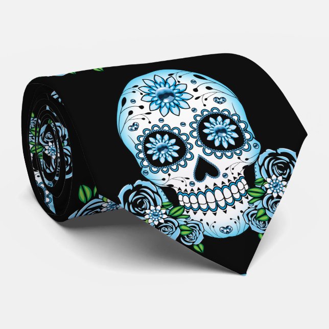 Blue Sugar Skull Tie (Rolled)