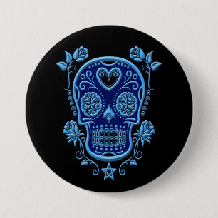 Blue Sugar Skull with Roses on Black 3 Inch Round Button