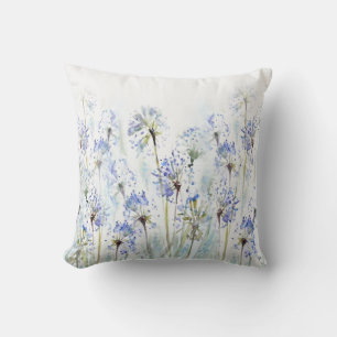 Blue summer flowers watercolor sketch throw pillow