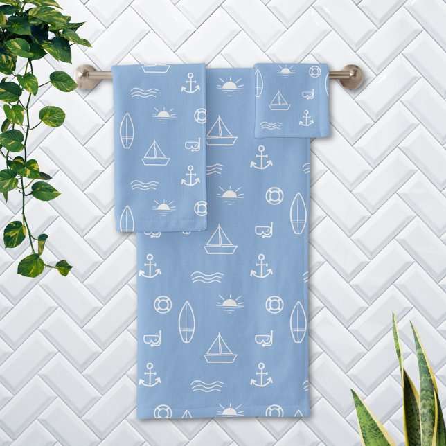 Blue Summer Ocean Nautical Pattern Bath Towel Set (In situ Bathroom wall)