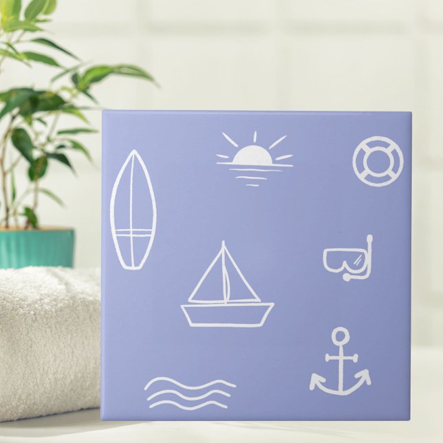 Blue Summer Ocean Seamless Pattern Kids Bathroom Tile (Close up)