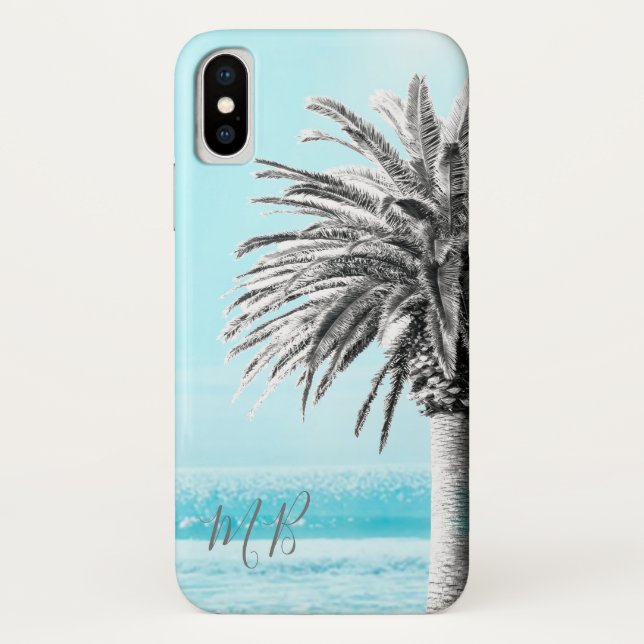 Blue Summer Palm Ocean Seaside  Beach Monogram Case-Mate iPhone Case (Back)