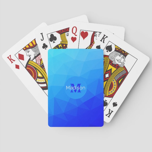 Blue summer sea geometric mesh pattern Monogram Playing Cards (Back)