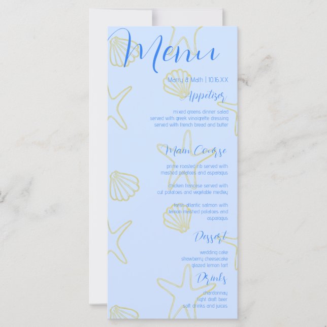 Blue Summer Sea Shell and Star Beach Weddinng Menu (Front)