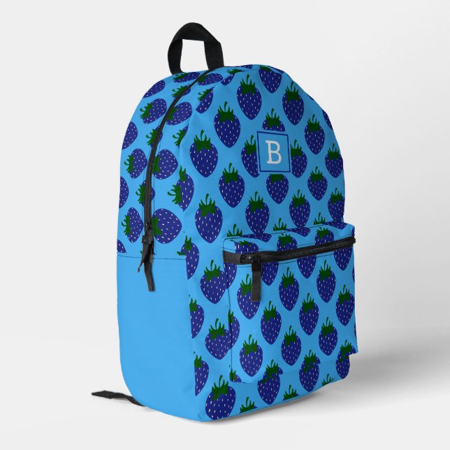 Blue Summer Strawberries Printed Backpack (Back Corner Left)
