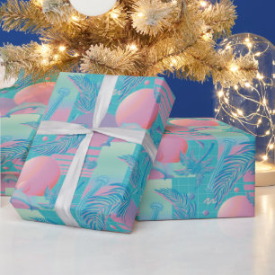 Blue Summer Vaporwave Sunset and Palm Trees Wrapping Paper