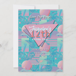 Blue Summer Vaporwave Sunset Birthday Invitation