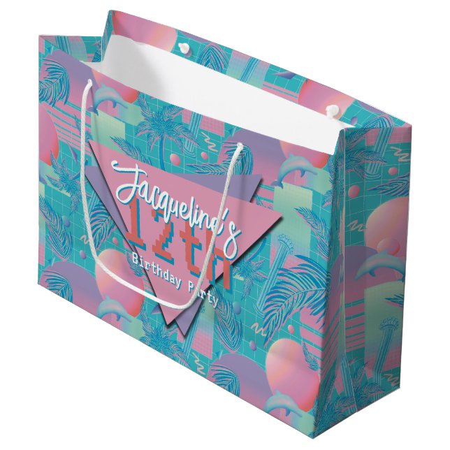 Blue Summer Vaporwave Sunset Birthday Large Gift Bag (Front Angled)