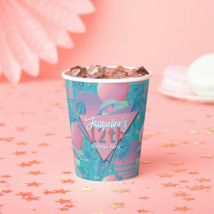 Blue Summer Vaporwave Sunset Birthday Paper Cups