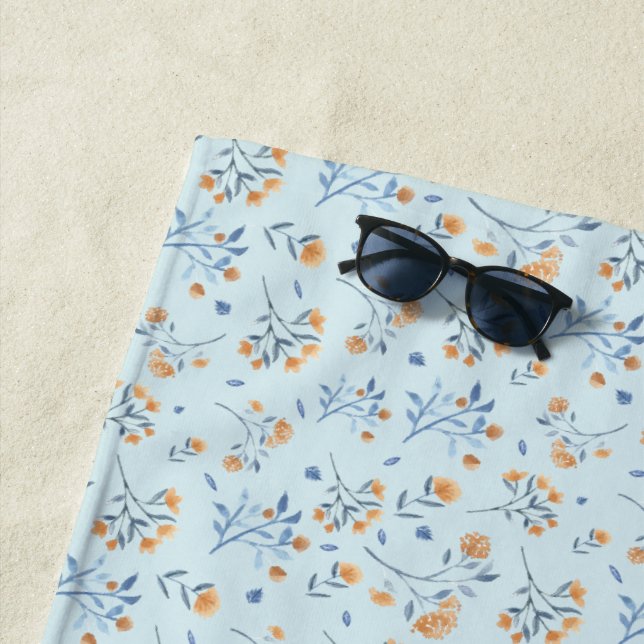 Blue Summer Vintage Wildflower Pattern   Beach Towel (In Situ)
