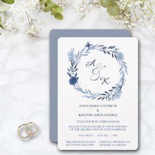 Blue Summer Wreath Monogram Wedding Invitation