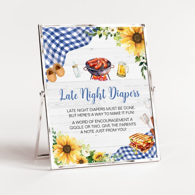Blue Sunflower BBQ Baby Shower Late Night Diapers Poster (Boy Picnic Backyard Baby Shower Late Night Diapers Sign)