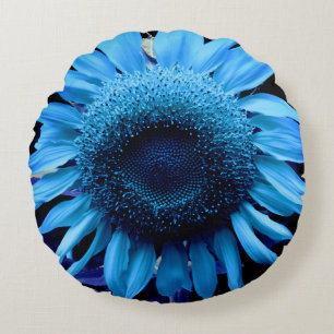 Blue Sunflower, blue daisy, blue flower Round Pillow