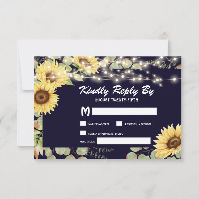 Blue Sunflower Eucalyptus String Lights Wedding RSVP Card (Front)