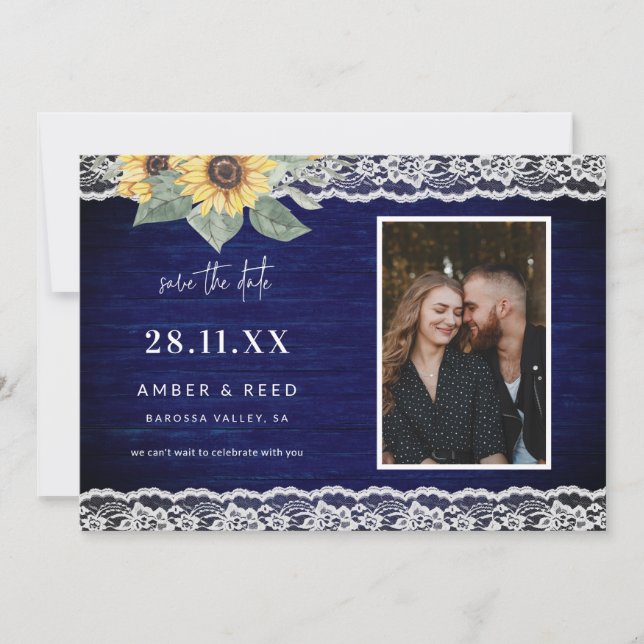 Blue Sunflower & Lace Rustic Wooden Photo Save The Date (Front)
