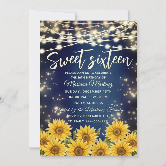 Blue Sunflower  String lights gold sparkle  Invitation (Front)