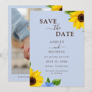 Blue Sunflower Wedding Flat Save The Date Card