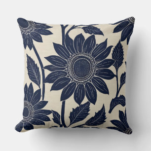 Blue Sunflowers - Block print-style Throw Pillow