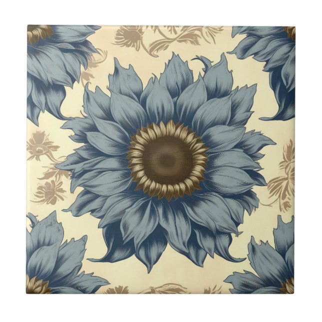 Blue sunflowers on a beige background tile (Front)