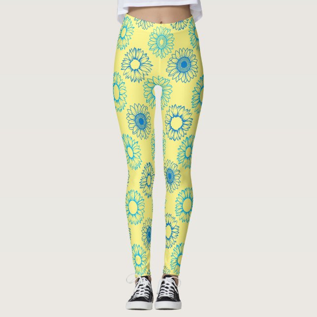 Blue Sunflowers Pattern L Yellow BG Leggings (Front)