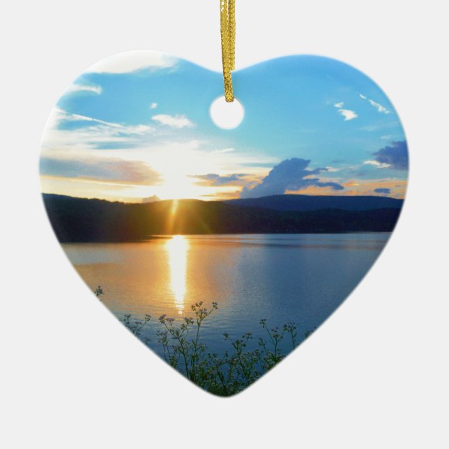 Blue sunset on lake ceramic ornament (Front)