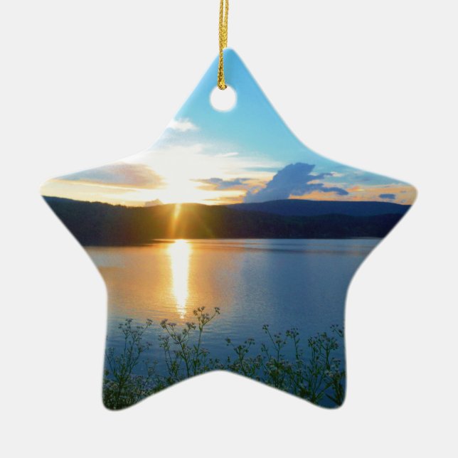 Blue sunset on lake ceramic ornament (Front)