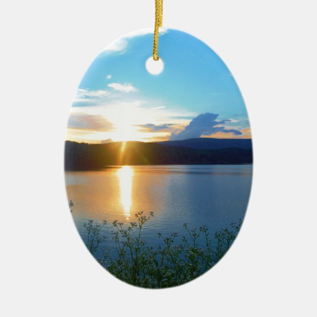 Blue sunset on lake ceramic ornament (Front)