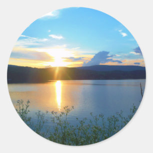 Blue sunset on lake classic round sticker