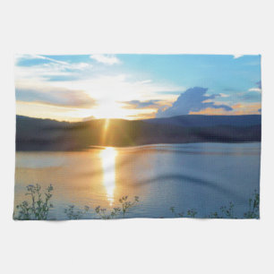 Blue sunset on lake kitchen towel
