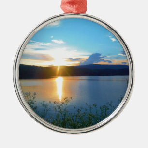 Blue sunset on lake metal ornament