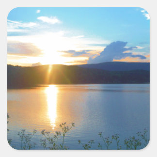 Blue sunset on lake square sticker