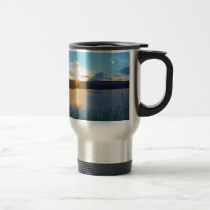 Blue sunset on lake travel mug