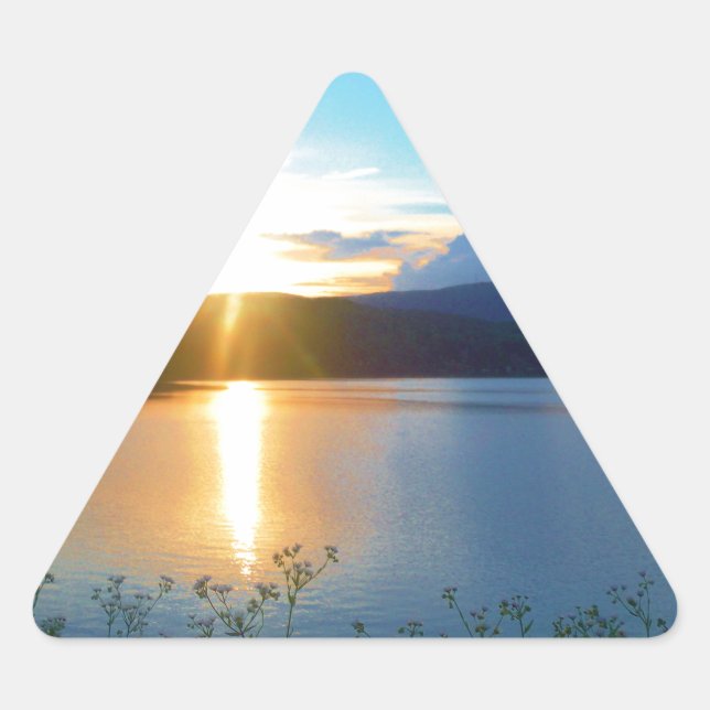 Blue sunset on lake triangle sticker (Front)
