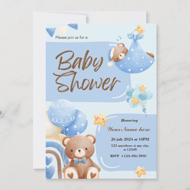 Blue Super Cute Bear Baby Shower Invitataions Boy Invitation (Front)