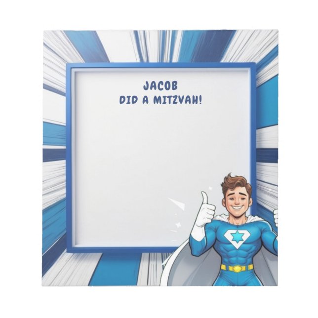 Blue Superhero Personalized Mitzvah Note Pad (Front)