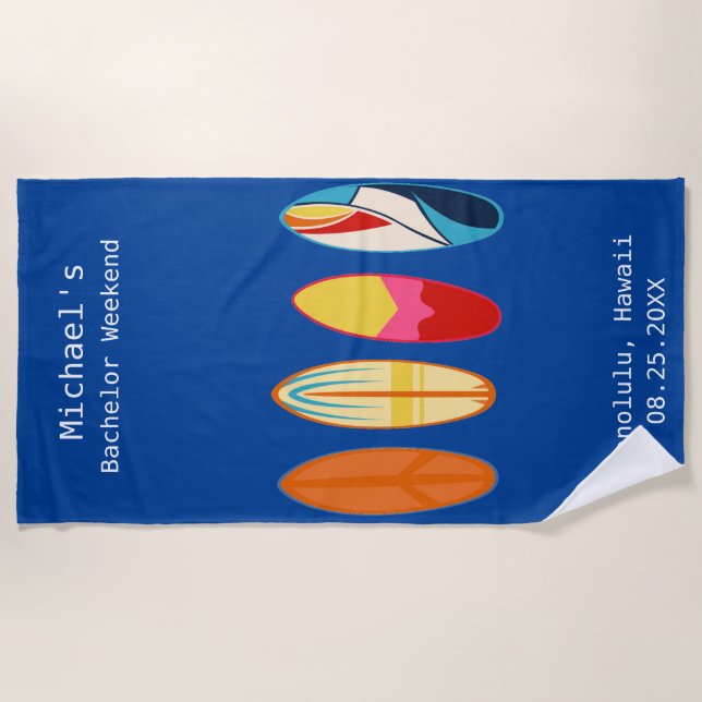 Blue Surf Board Wedding Party Favour Personalized Beach Towel (Front)