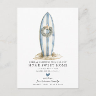 Blue Surfboard Christmas Moving Announcement Postcard